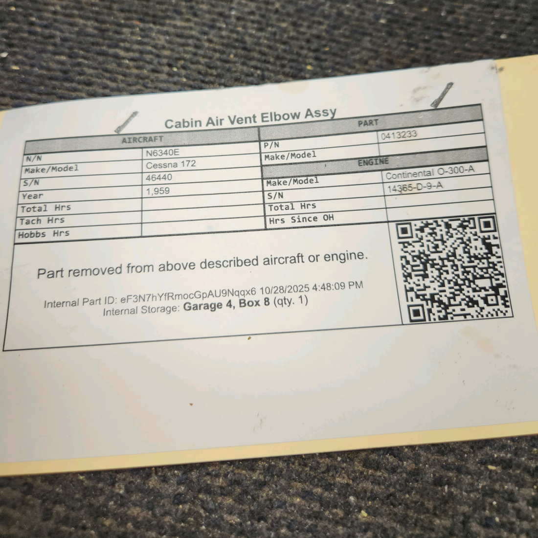 Used aircraft parts for sale, 0413233 Cessna 172 Cabin Air Vent Elbow Assy