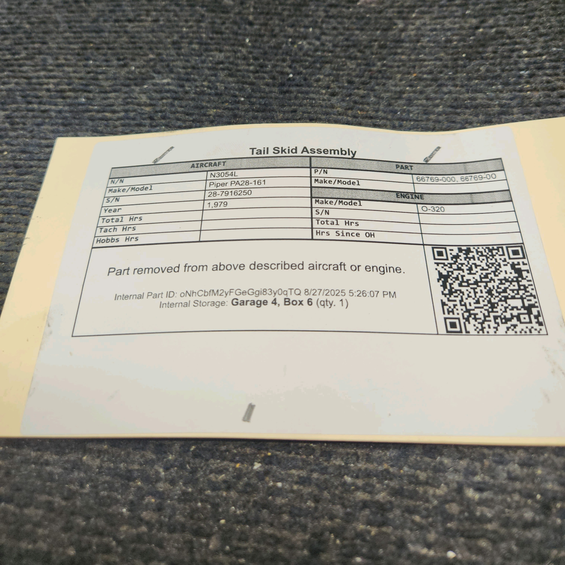 Used aircraft parts for sale, 66769-000 Piper PA28-161 Tail Skid Assembly