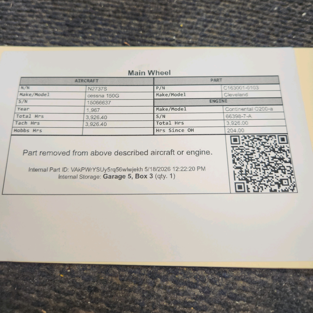 Used aircraft parts for sale, C163001-0103 Cleveland cessna 150G Main Gear Wheel