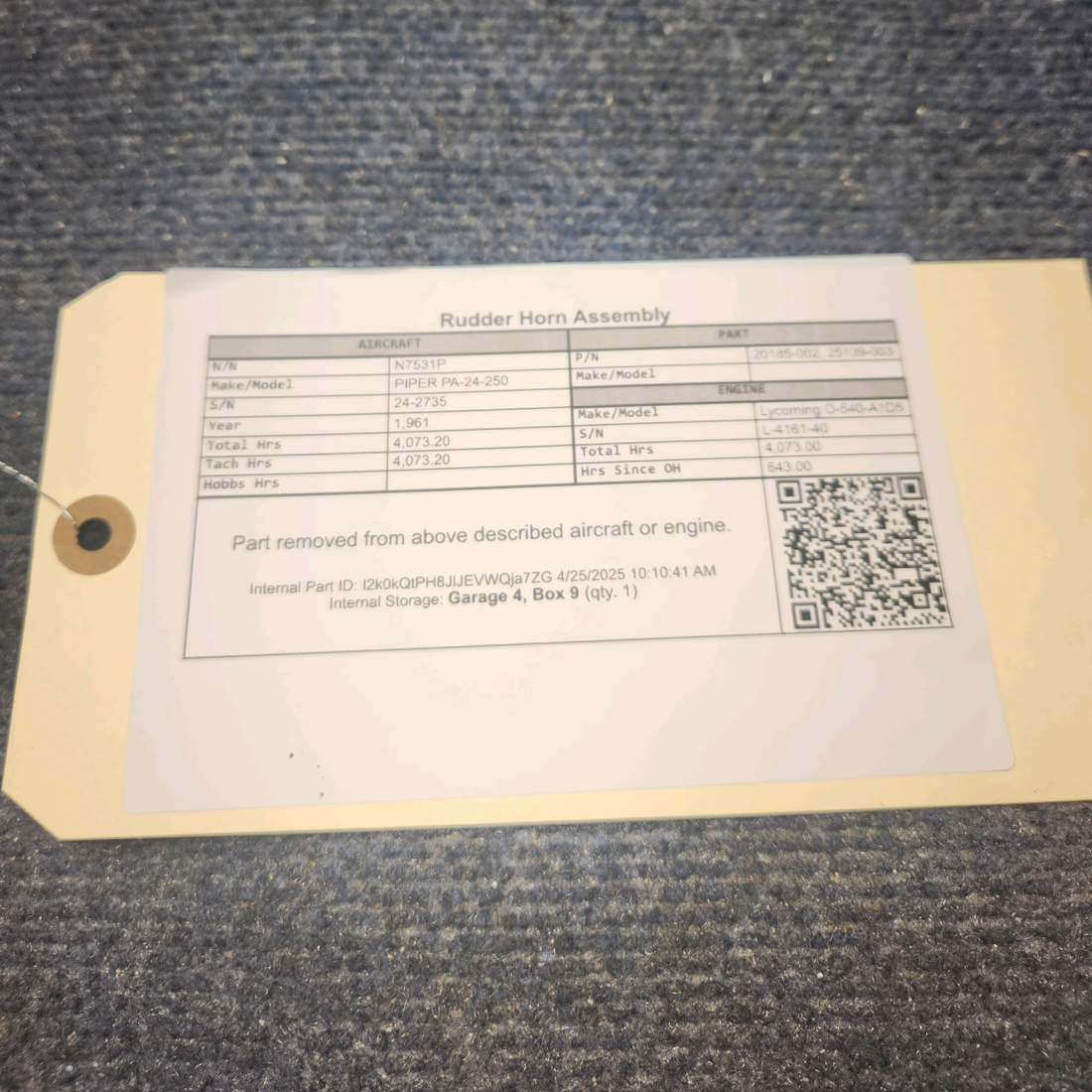 Used aircraft parts for sale, 20185-002 PIPER PA-24-250 Rudder Horn Assembly