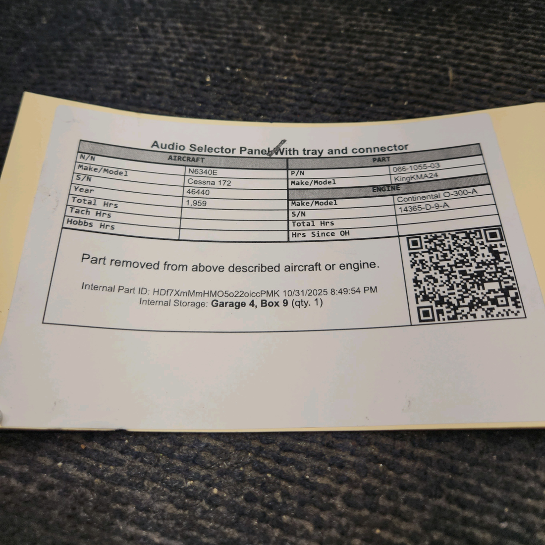 Used aircraft parts for sale, 066-1055-03 King KMA24 Cessna 172 Audio Selector Panel With Tray and Connector