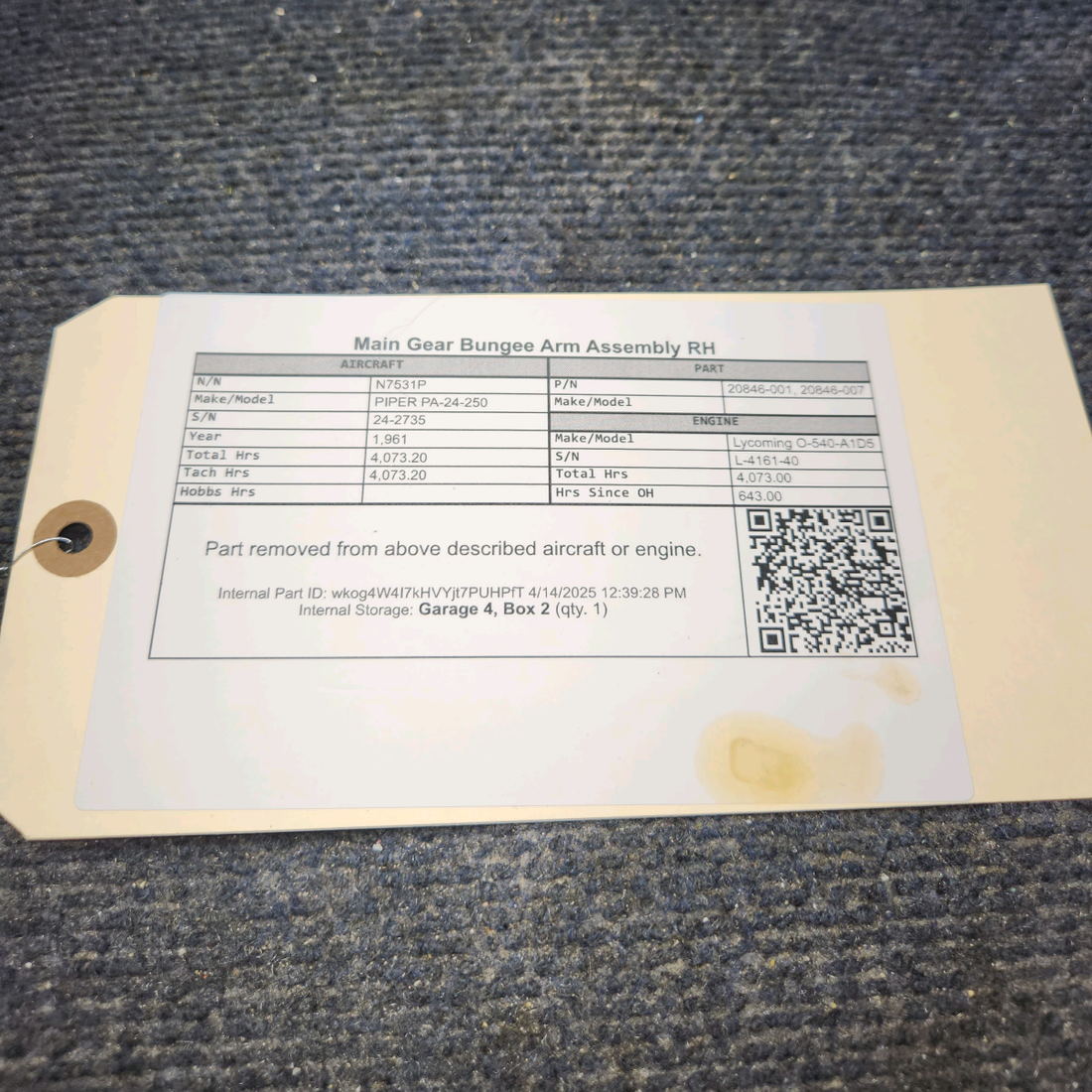 Used aircraft parts for sale, 20846-001 PIPER PA-24-250 Main Gear Bungee Arm Assembly RH