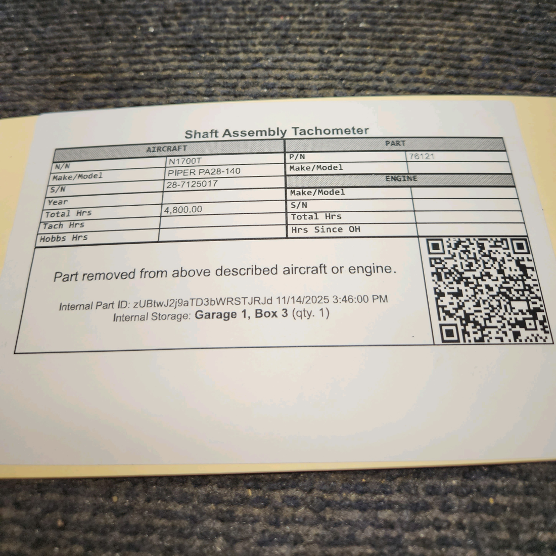 Used aircraft parts for sale, 76121 Lycoming O-320 PIPER PA28-140 Shaft Assembly Tachometer