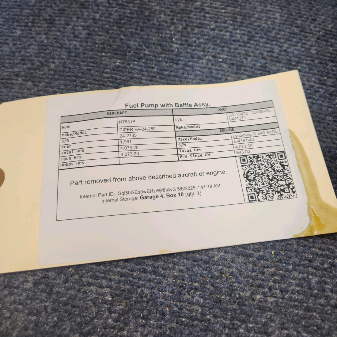 Used aircraft parts for sale, LW-15472 , 25006-00 Lycoming O-540 PIPER PA-24-250 Fuel Pump with Baffle Assy.