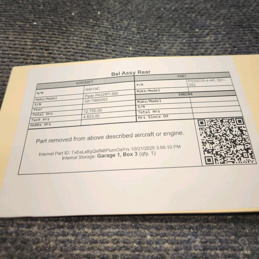 Used aircraft parts for sale, PS50039-4-4A Piper PA32RT-300 Bel Assy Rear