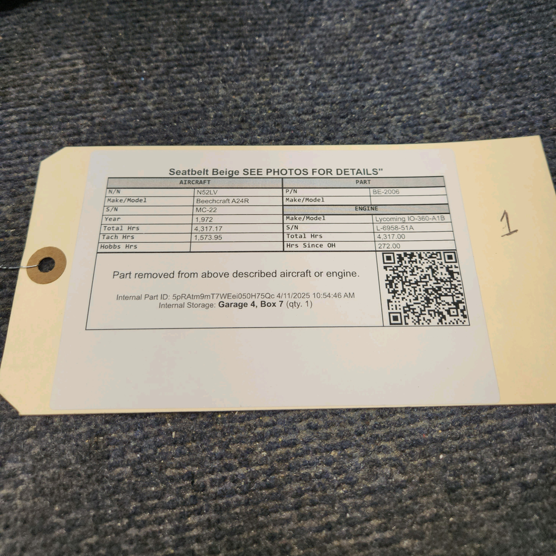 Used aircraft parts for sale, BE-2006 Beechcraft A24R Seatbelt Beige SEE PHOTOS FOR DETAILS"