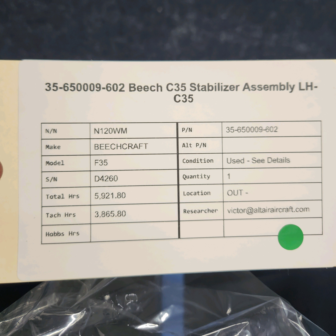 Used aircraft parts for sale, 35-650009-602 BEECHCRAFT F35 STABILIZER ASSEMBLY LH-C35