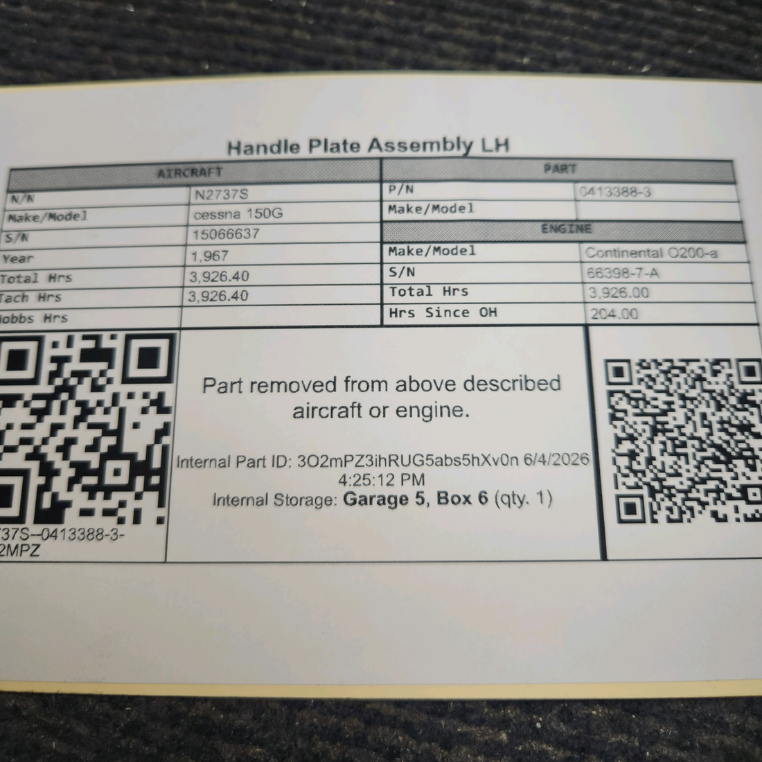 Used aircraft parts for sale, 0413388-3 cessna 150G Handle Plate Assembly – LH