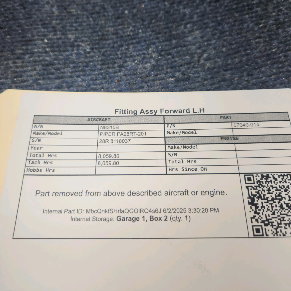 Used aircraft parts for sale, 67040-014 PIPER PA28RT-201 Fitting Assy Forward L.H