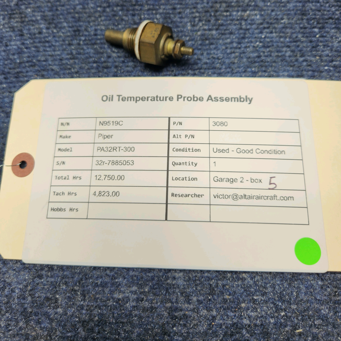 Used aircraft parts for sale, 3080 Piper PA32RT-300 OIL TEMPERATURE PROBE ASSEMBLY
