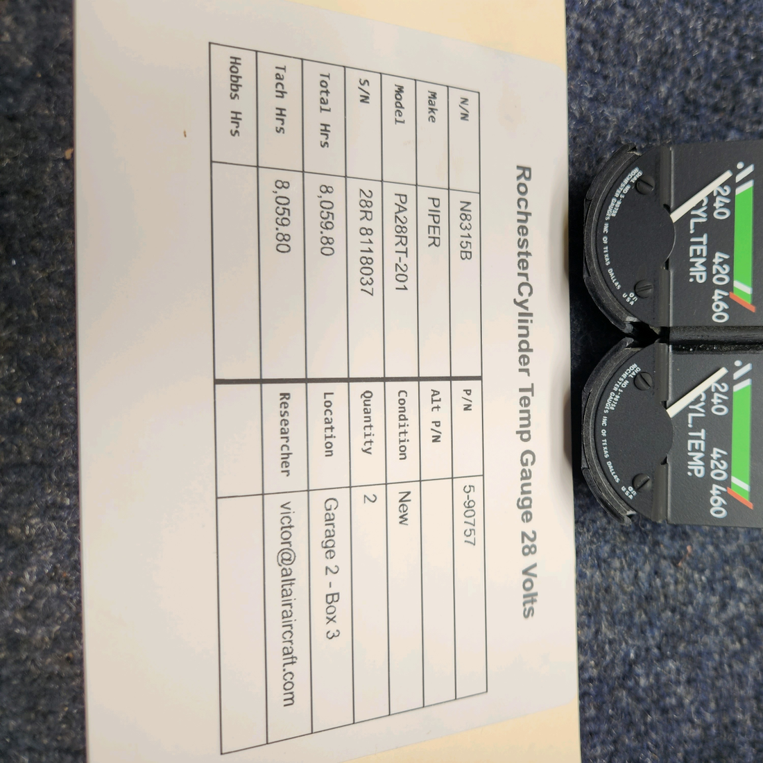 Used aircraft parts for sale, 5-90757 PIPER PA28RT-201 ROCHESTER CYLINDER TEMP GAUGE 28 VOLTS PRICE PER EACH