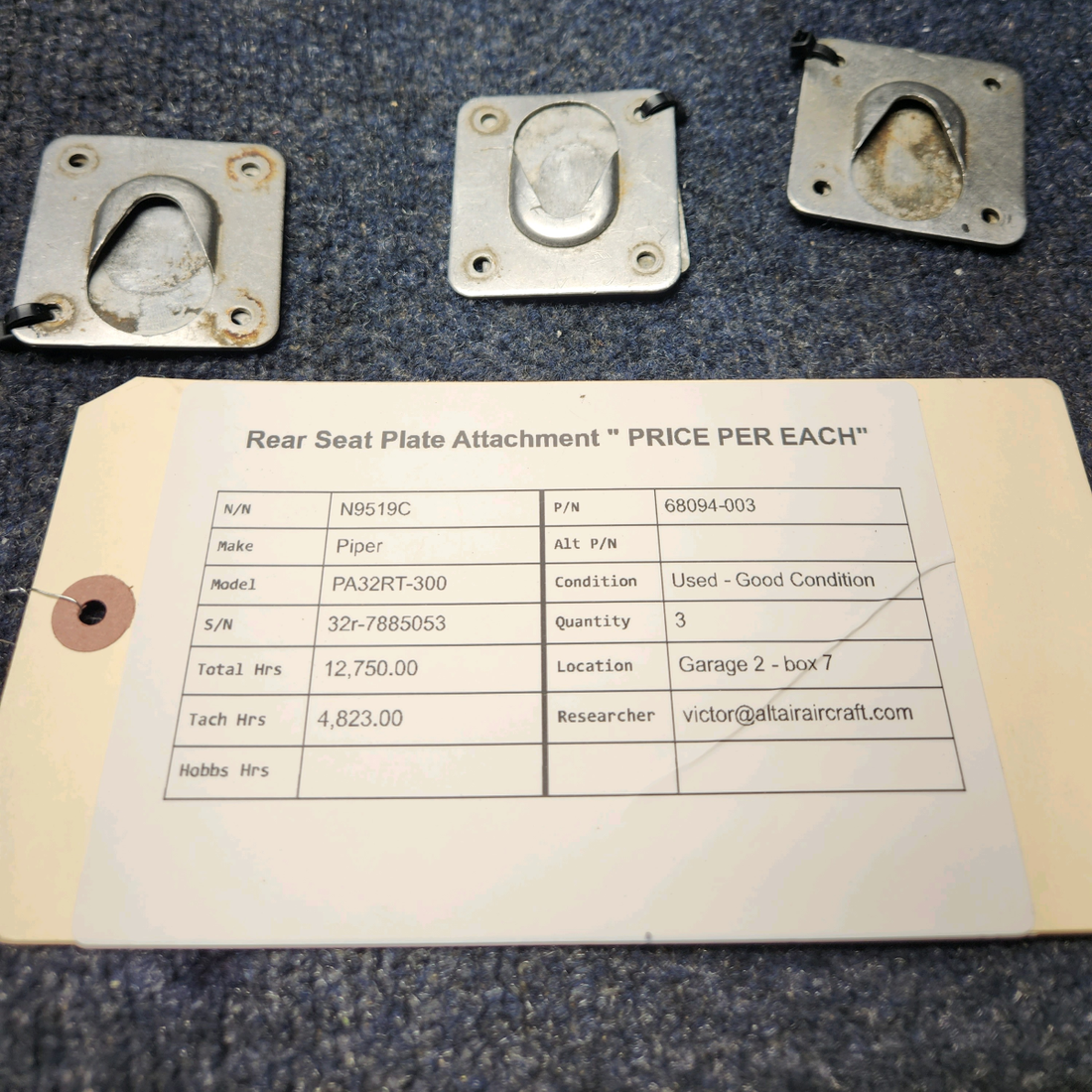 Used aircraft parts for sale, 68094-003 Piper PA32RT-300 REAR SEAT PLATE ATTACHMENT " PRICE PER EACH"
