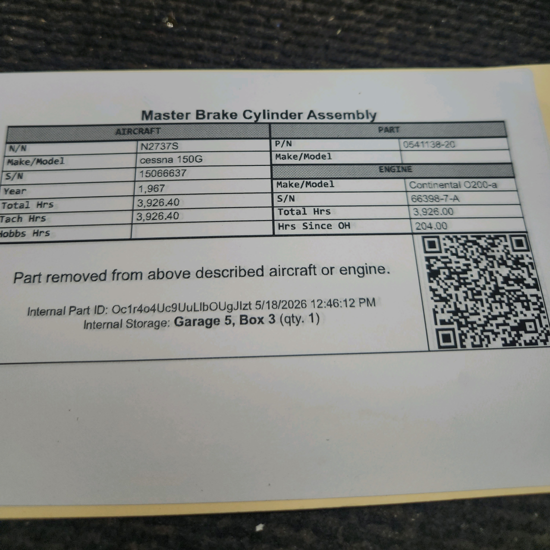 Used aircraft parts for sale, 0541138-20 cessna 150G Master Brake Cylinder Assembly