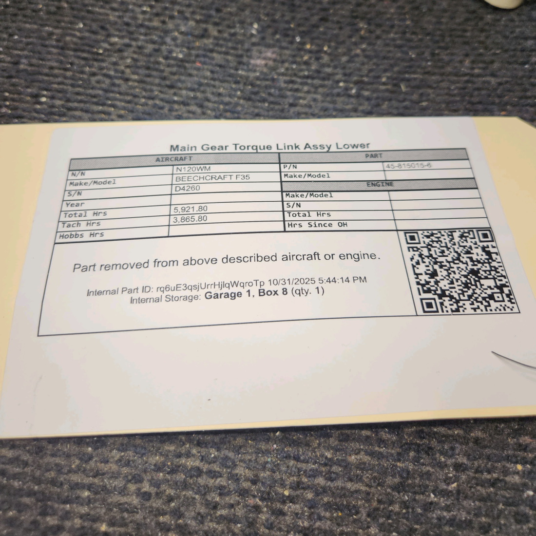 Used aircraft parts for sale, 45-815015-6 BEECHCRAFT F35 Main Gear Torque Link Lower