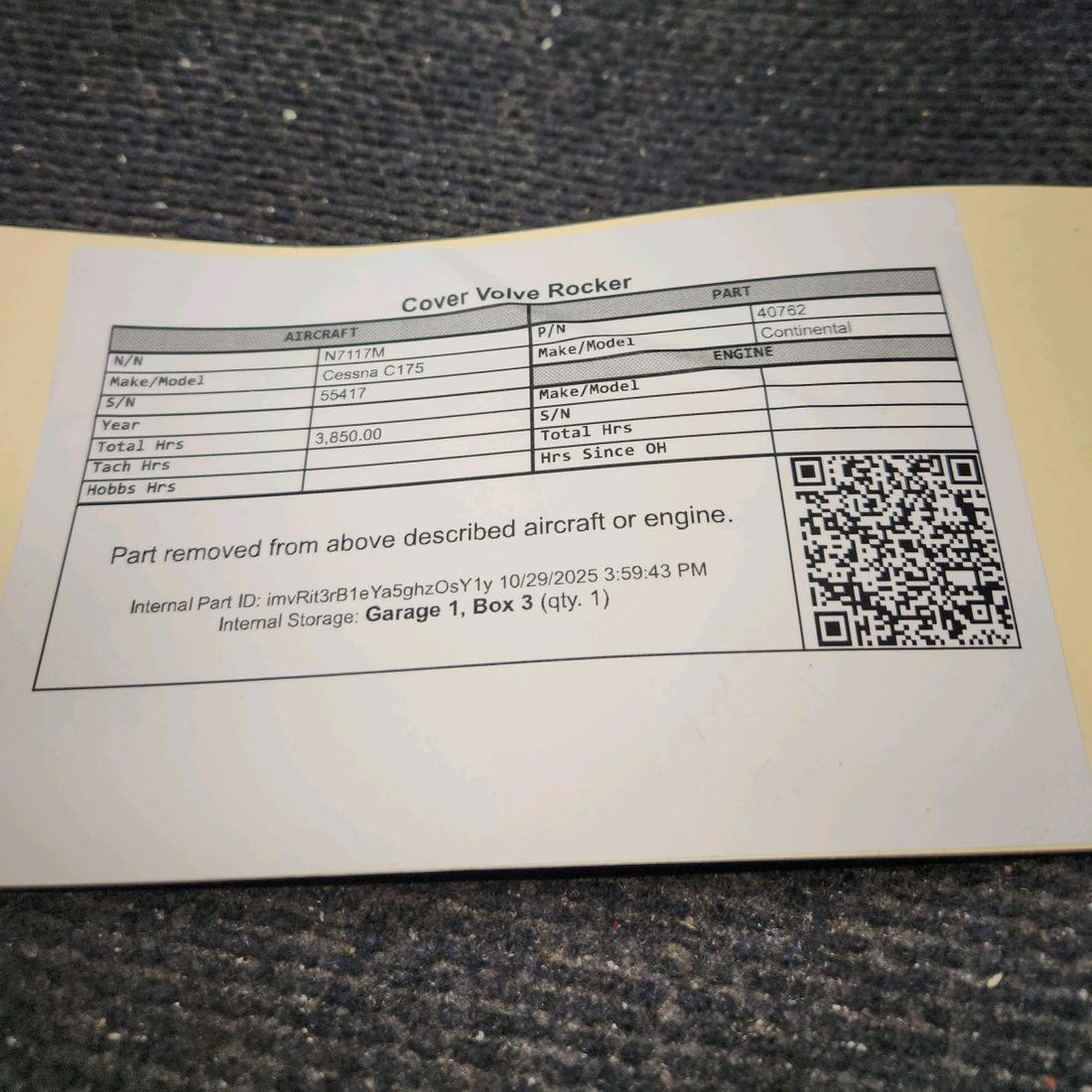Used aircraft parts for sale, 40762 Continental O-200, O-300 Cessna C175 Valve Rocker Covers