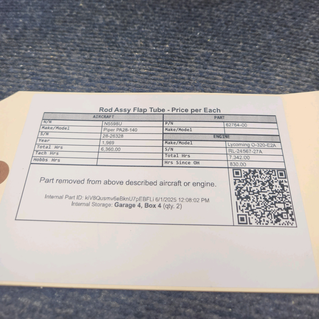 Used aircraft parts for sale, 62764-000 Piper PA28-140 Rod Assy Flap Tube - Price per Each