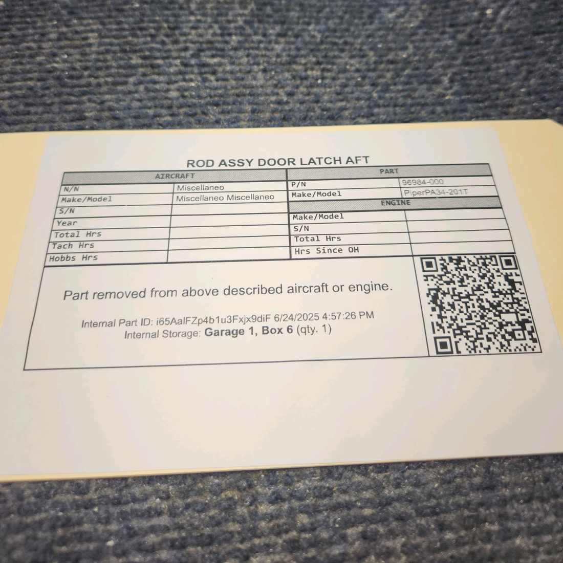 Used aircraft parts for sale, 96984-000 Piper PA24-201T ROD ASSY DOOR LATCH AFT