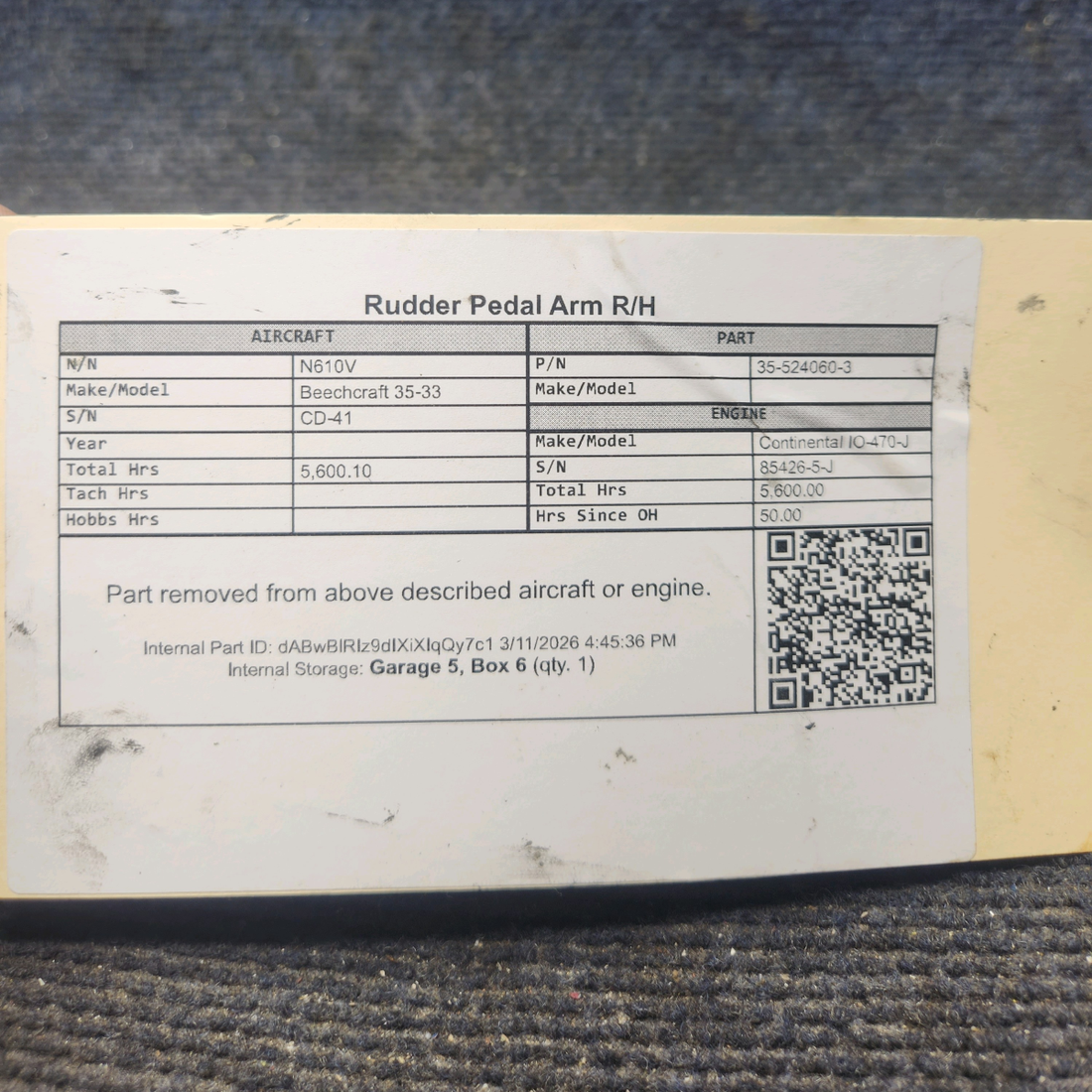 Used aircraft parts for sale, 35-524060-3 Beechcraft 35-33 Rudder Pedal Arm - RH