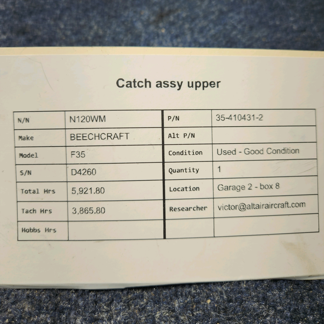 Used aircraft parts for sale, 35-410431-2 BEECHCRAFT F35 CATCH ASSY UPPER