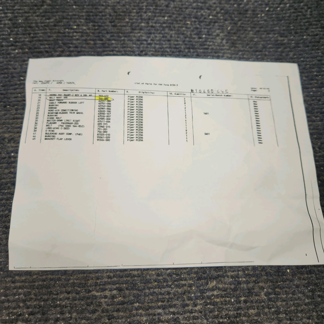 Used aircraft parts for sale, 564-886 Piper PA-34-220T IV & V, PA-32-301T II TC Belt Assembly – Lap + Shoulder (3-piece), Pilot / Crew-LH