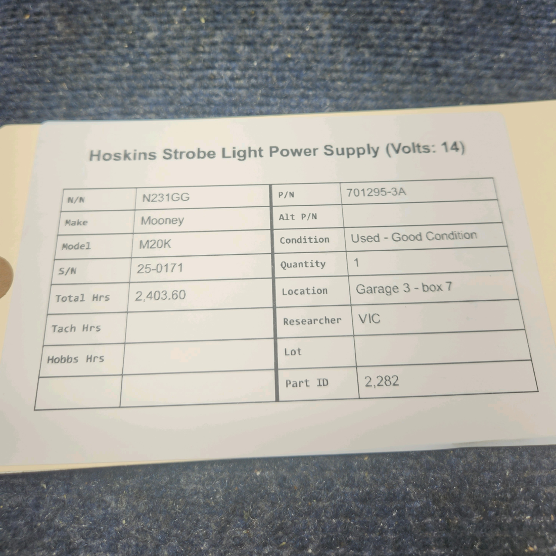 Used aircraft parts for sale, 701295-3A Hoskins Mooney M20K STROBE LIGHT POWER SUPPLY (VOLTS: 14)