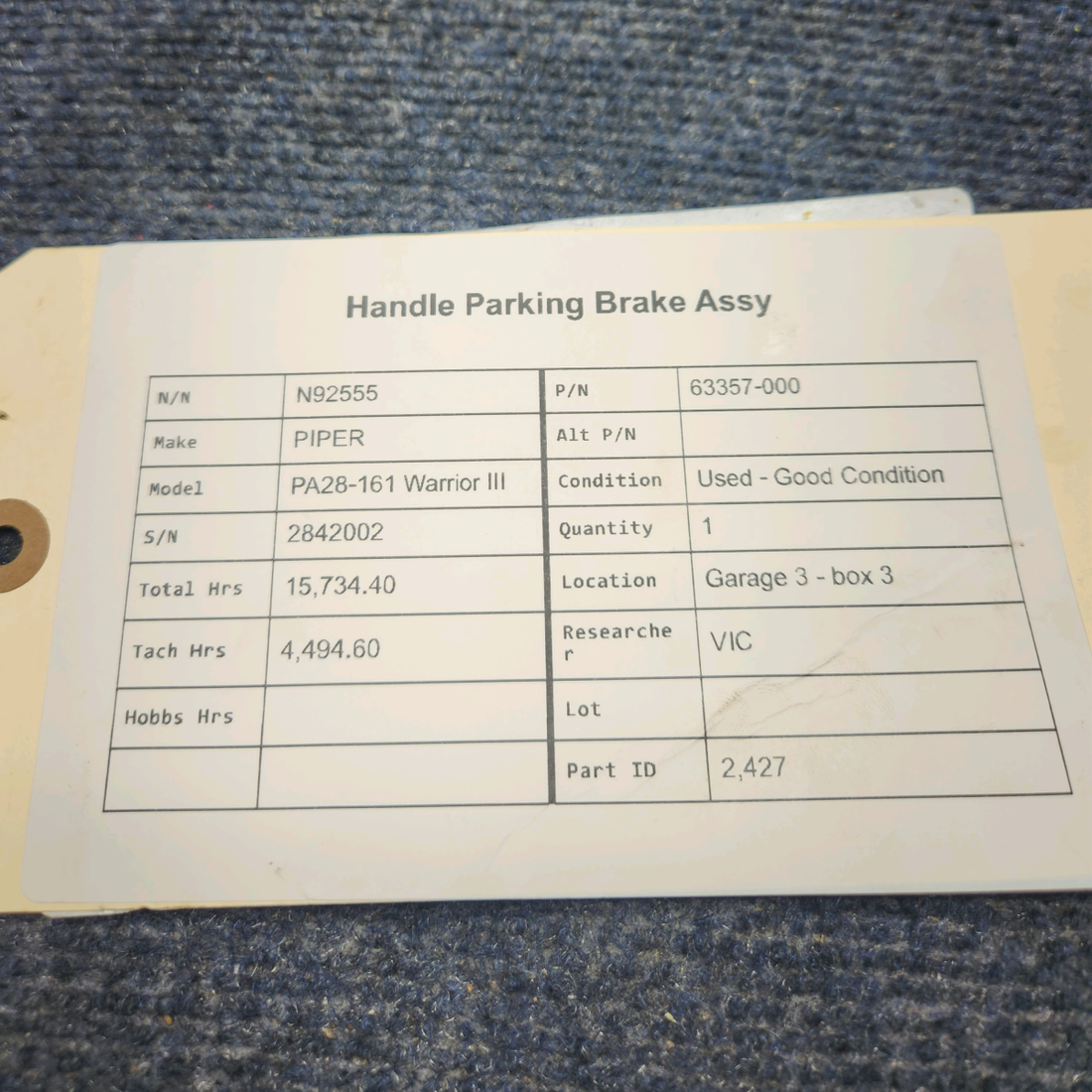 Used aircraft parts for sale, 63357-000 PIPER PA28-161 Warrior III PARKING BRAKE HANDLE ASSY