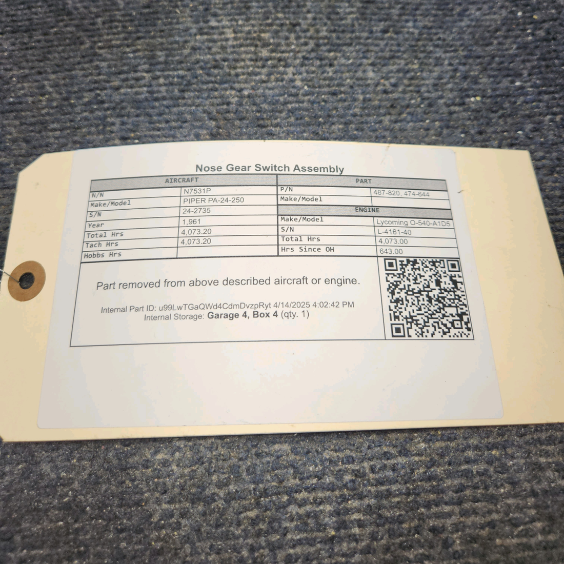 Used aircraft parts for sale, 487-820 PIPER PA-24-250 Nose Gear Switch Assembly