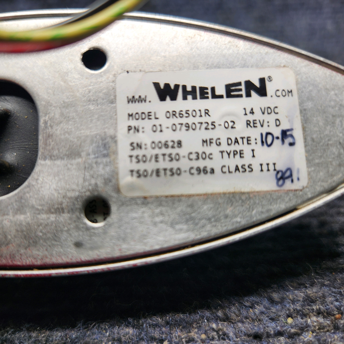 Used aircraft parts for sale, 01-0790725-02 WHELEN OR6501R PIPER PA-24-250 Rev. D Whelen OR6501R Wing Tip Position Light LH  (V: 14) "RED"