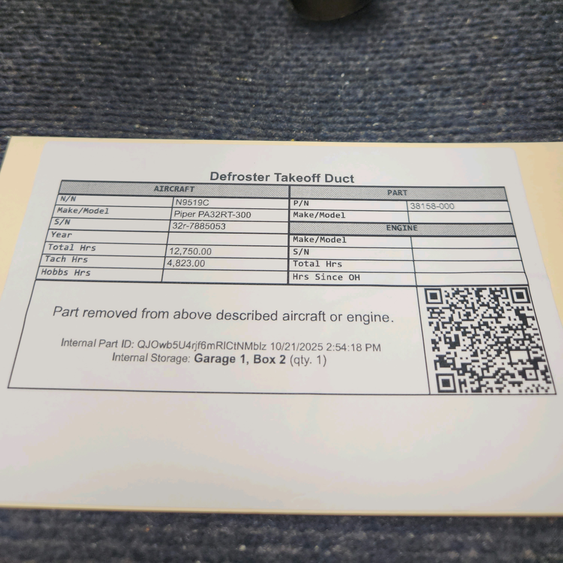 Used aircraft parts for sale, 38158-000 Piper PA32RT-300 Defroster Takeoff Duct