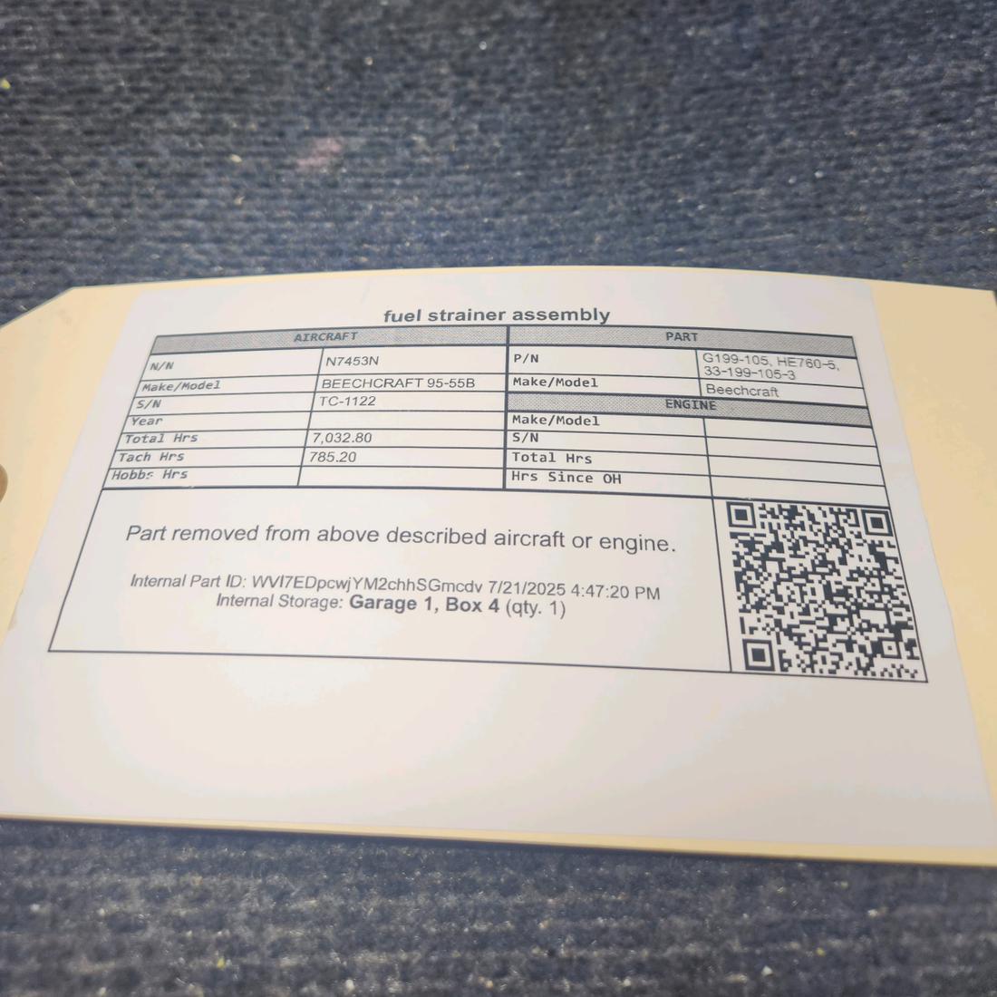 Used aircraft parts for sale, G199-105 BEECHCRAFT 95-55B Fuel Strainer Assembly