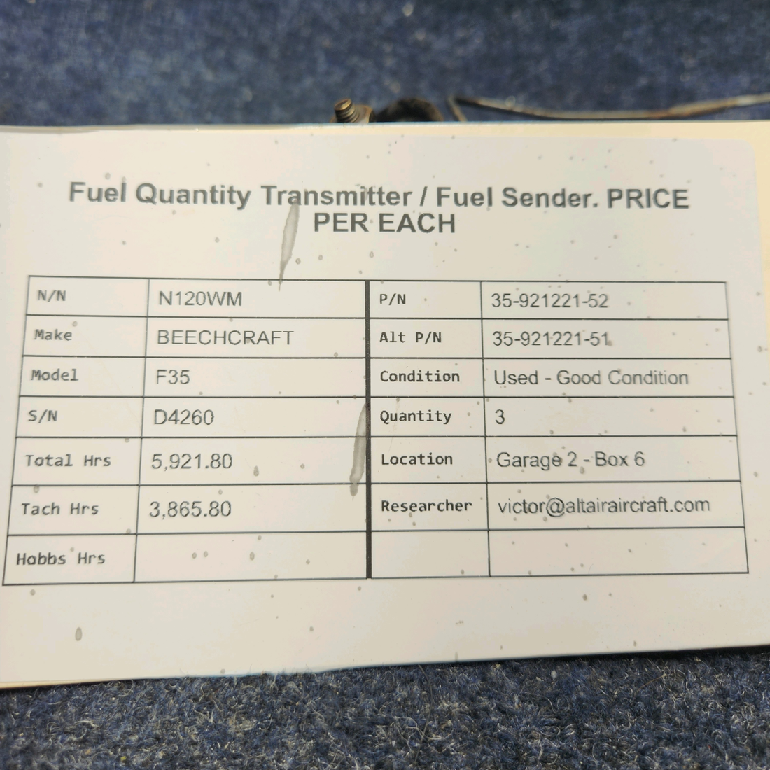 Used aircraft parts for sale, 35-921221-52 BEECHCRAFT F35 FUEL QUANTITY TRANSMITTER / FUEL SENDER. PRICE PER EACH