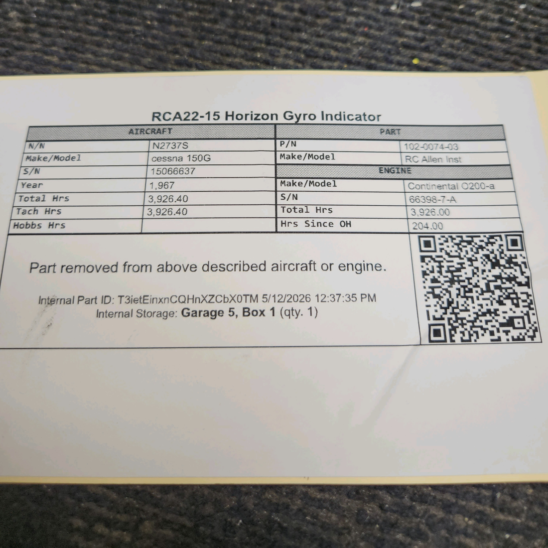 Used aircraft parts for sale, 102-0074-03 RC Allen Inst RCA22-15 cessna 150G Horizon Gyro Indicator