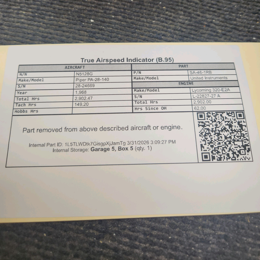 Used aircraft parts for sale, SA-46-1RB United Instruments Piper PA-28-140 True Airspeed Indicator (B.95)