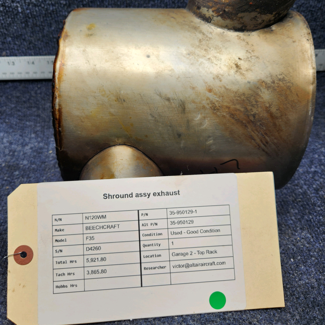 Used aircraft parts for sale, 35-950129-1 BEECHCRAFT F35 SHROUND ASSY EXHAUST