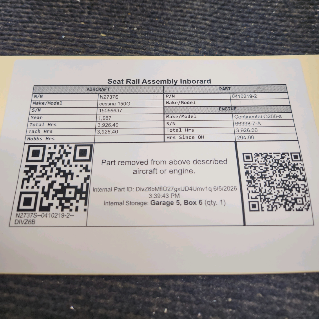 Used aircraft parts for sale, 0410219-2 cessna 150G Inboard Seat Rail Assembly