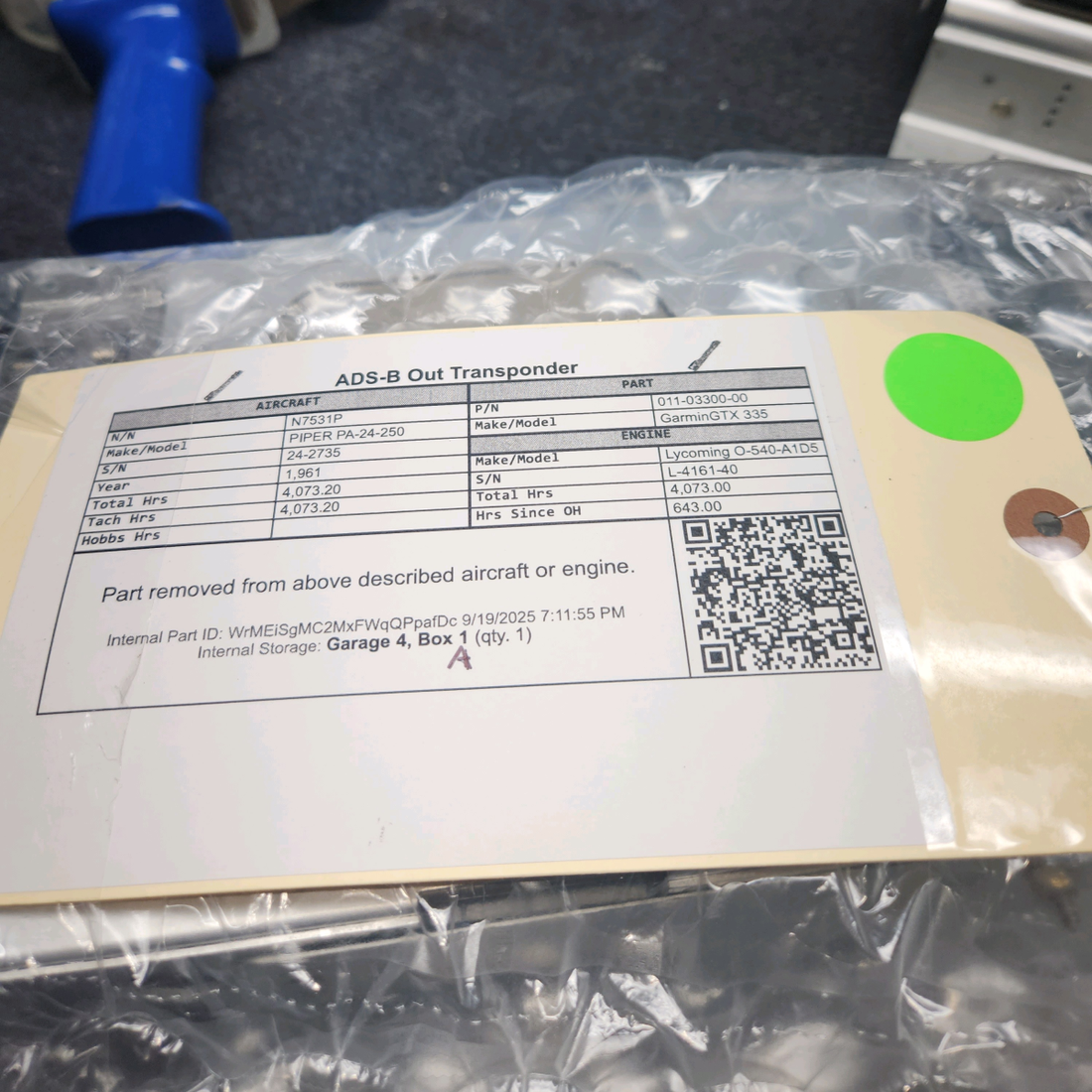 Used aircraft parts for sale, 011-03300-00 Garmin GTX 335 PIPER PA-24-250 ADS-B Out Transponder