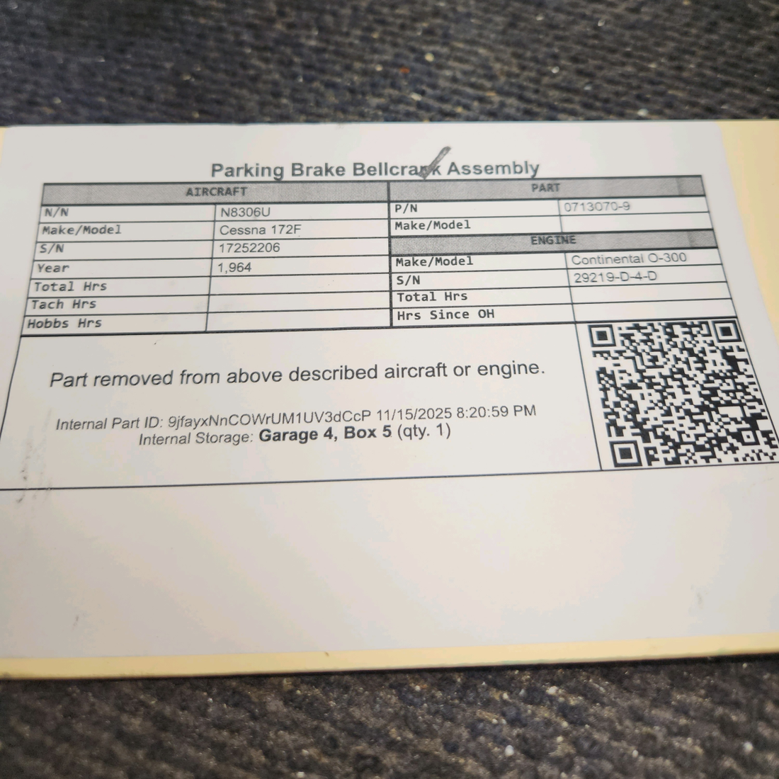 Used aircraft parts for sale, 0713070-9 Cessna 172F Parking Brake Bellcrank Assembly