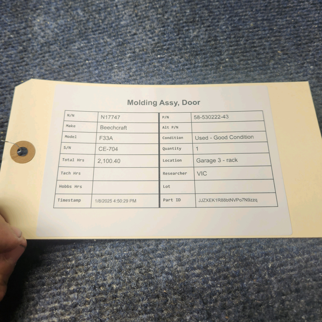 Used aircraft parts for sale, 58-530222-43 Beechcraft F33A MOLDING ASSY, DOOR