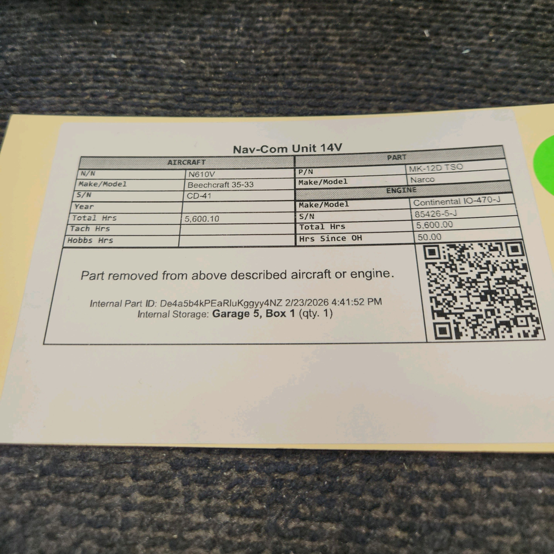 Used aircraft parts for sale, MK-12D TSO Narco Beechcraft 35-33 Nav-Com Unit 14V