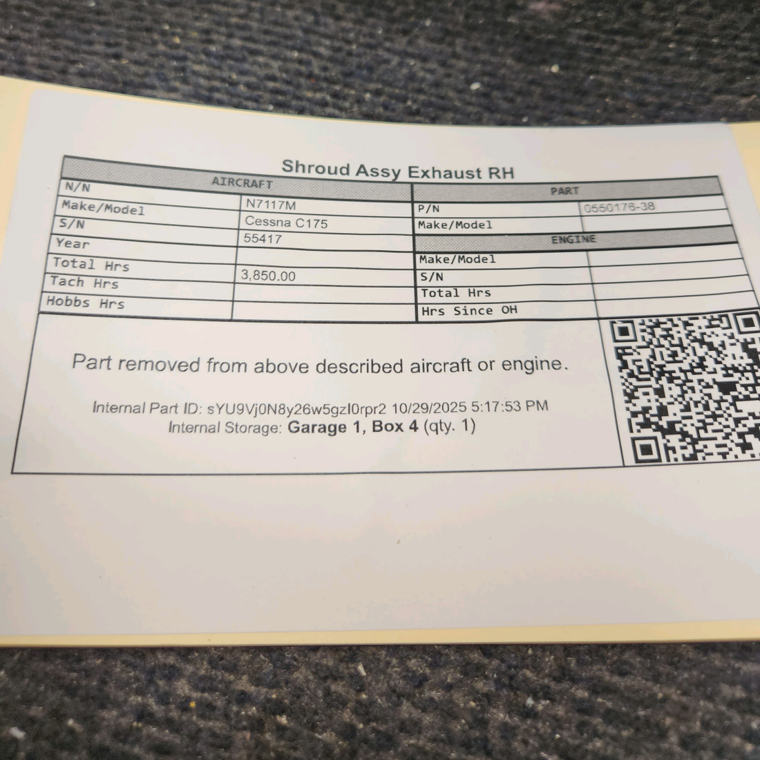 Used aircraft parts for sale, 0550176-38 Continental O-300, GO-300 Cessna C175 Shroud Assy Exhaust - RH