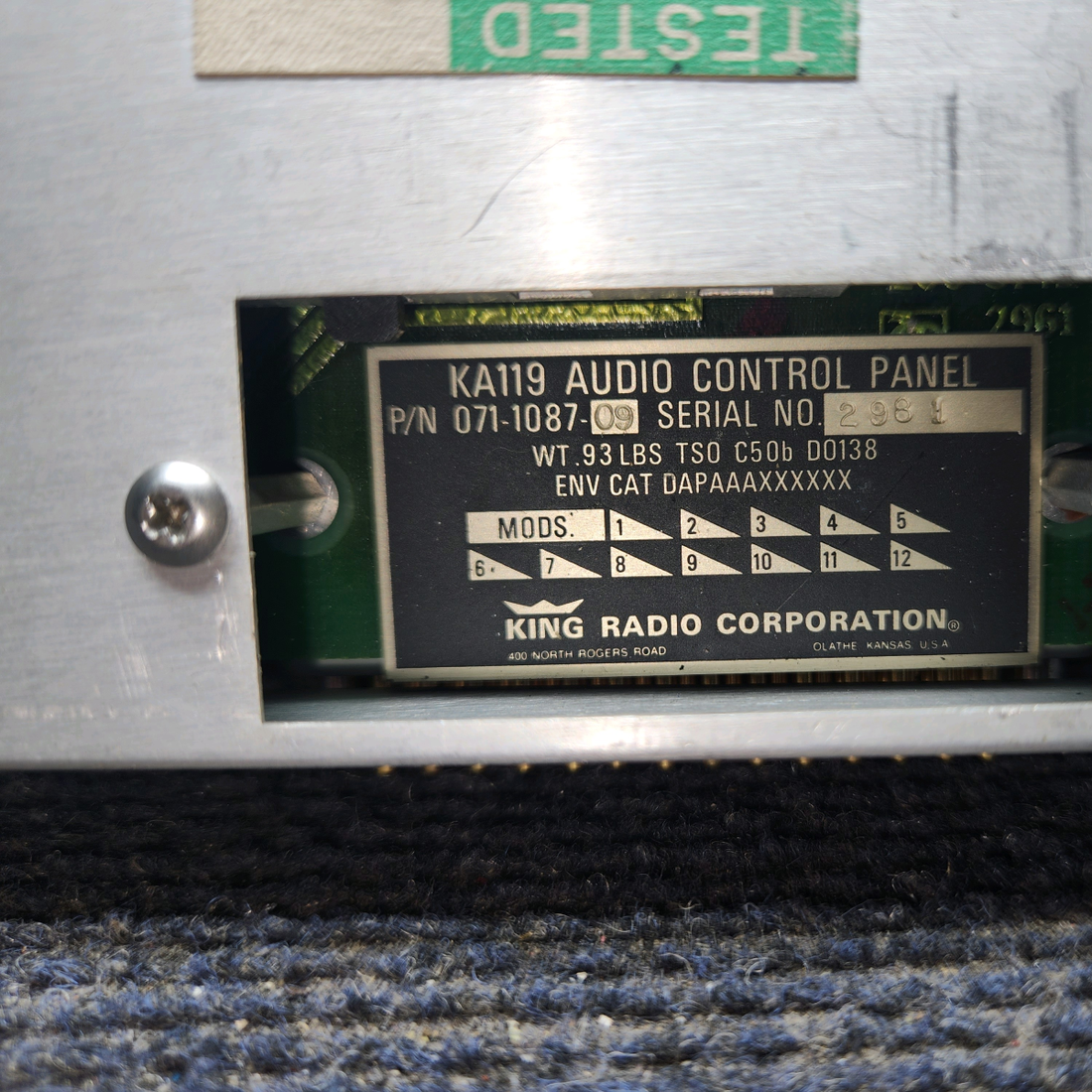 Used aircraft parts for sale, 071-1087-09 King KA-119 KA119 Audio Control Panel