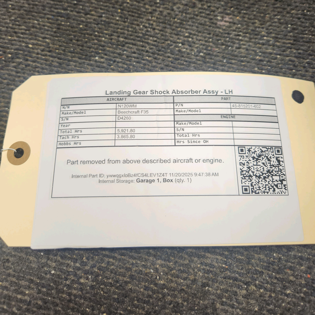 Used aircraft parts for sale, 45-815201-602 Beechcraft F35 Landing Gear Shock Absorber Assy - LH