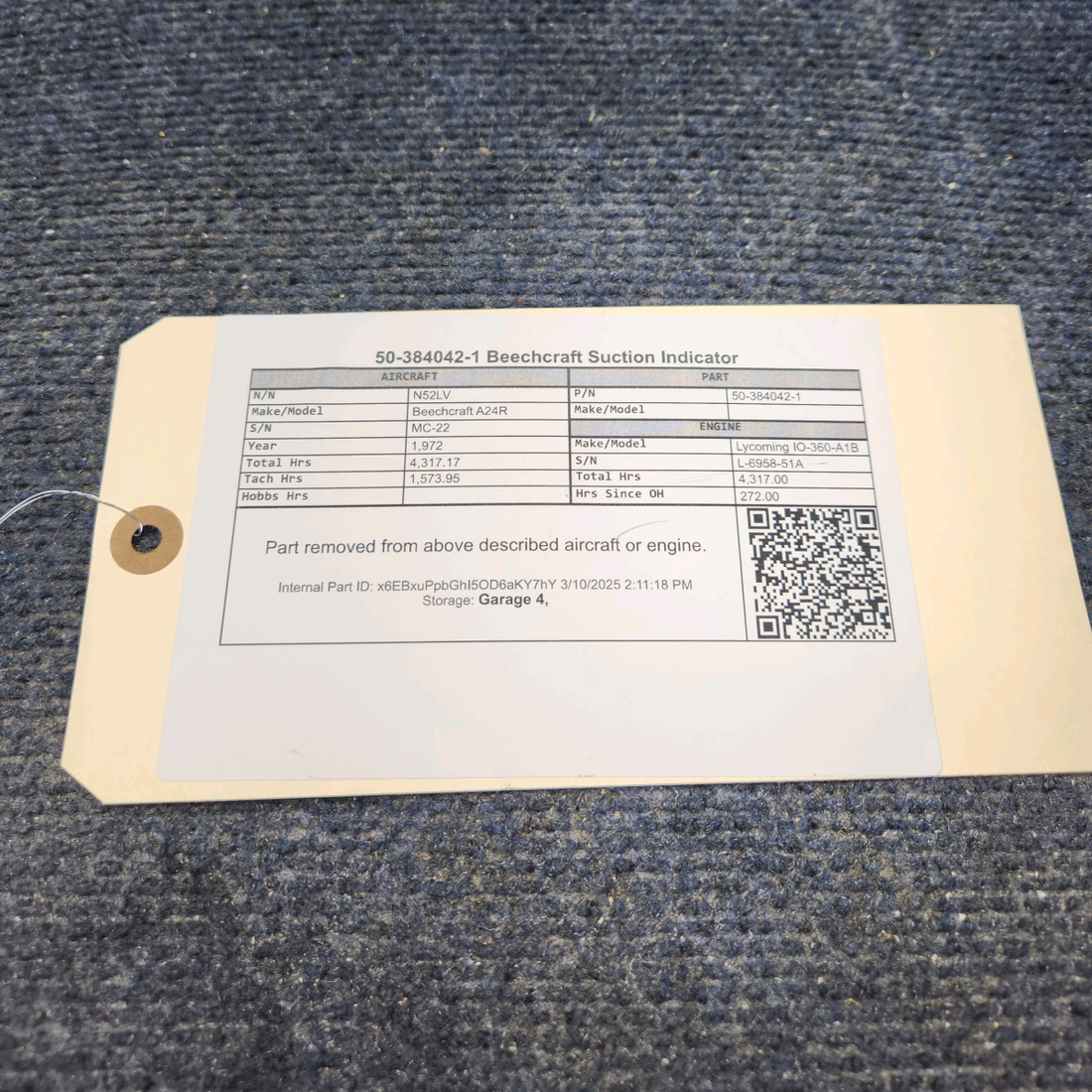 Used aircraft parts for sale, 50-384042-1 Beechcraft A24R Suction Indicator