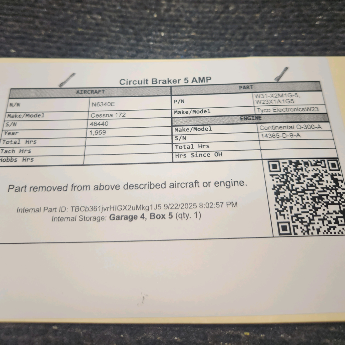 Used aircraft parts for sale, W31-X2M1G-5 Tyco Electronics W23 Cessna 172 Circuit Braker 5 AMP