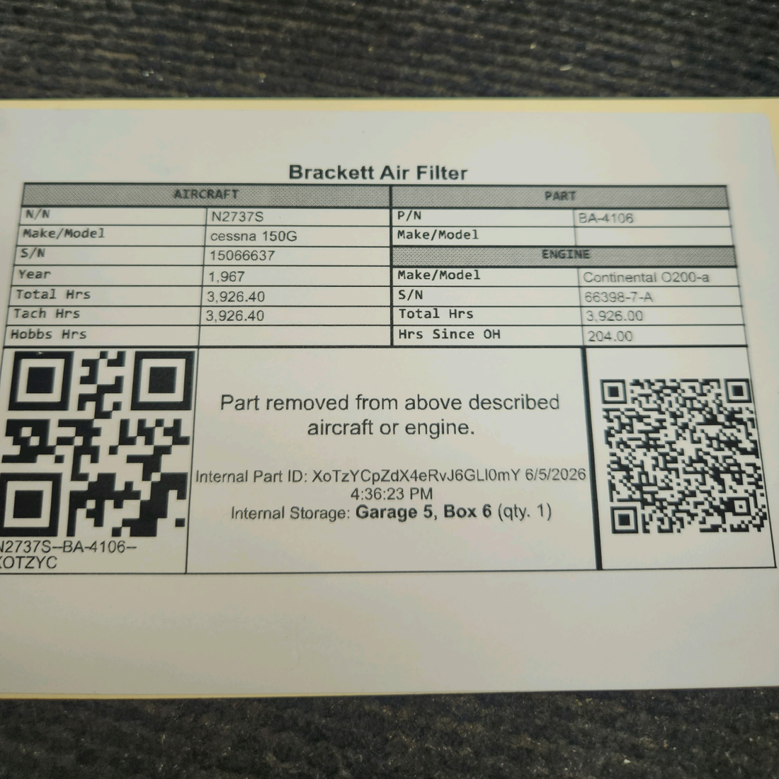 Used aircraft parts for sale, BA-4106 cessna 150G Brackett Air Filter