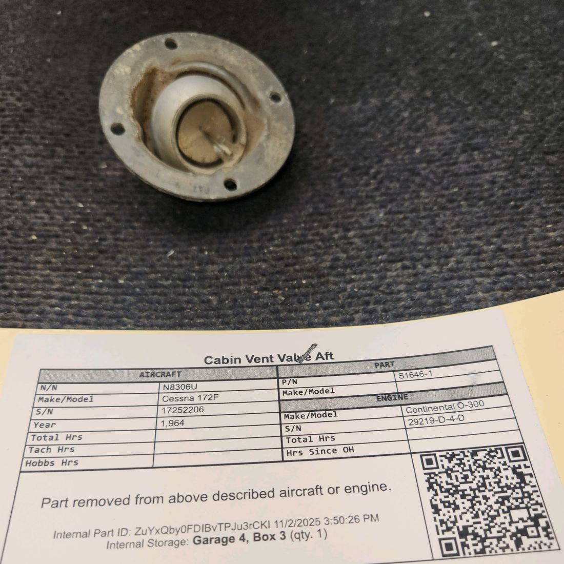 Used aircraft parts for sale, S1646-1 Cessna 172F Cabin Vent Valve Aft
