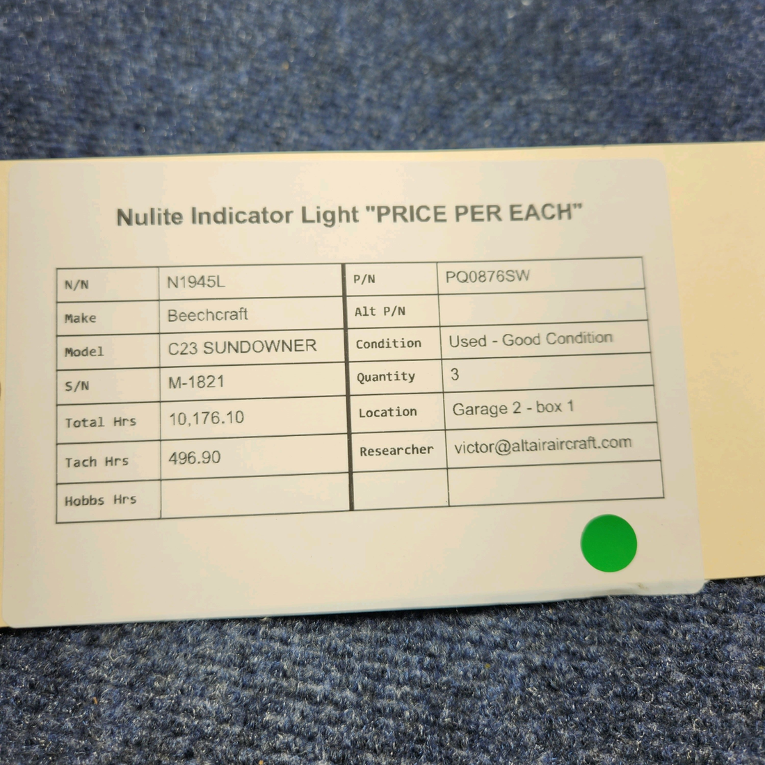 Used aircraft parts for sale, PQ0876SW Beechcraft C23 SUNDOWNER NULITE INDICATOR LIGHT "PRICE PER EACH"