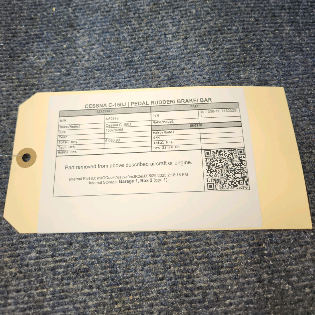 Used aircraft parts for sale, 0411306-11 Cessna C-150J Rudder/Brake Pedal Bar Assy Sold as a set
