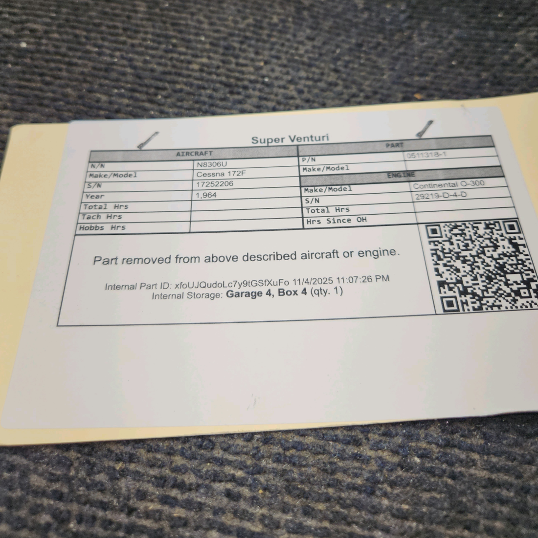 Used aircraft parts for sale, 0511318-1 Cessna 172F Super Venturi