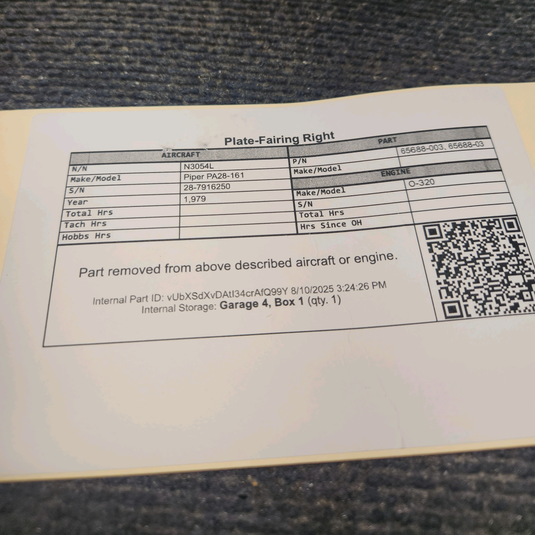 Used aircraft parts for sale, 65688-003 Piper PA28-161 Fairing Plate - RH